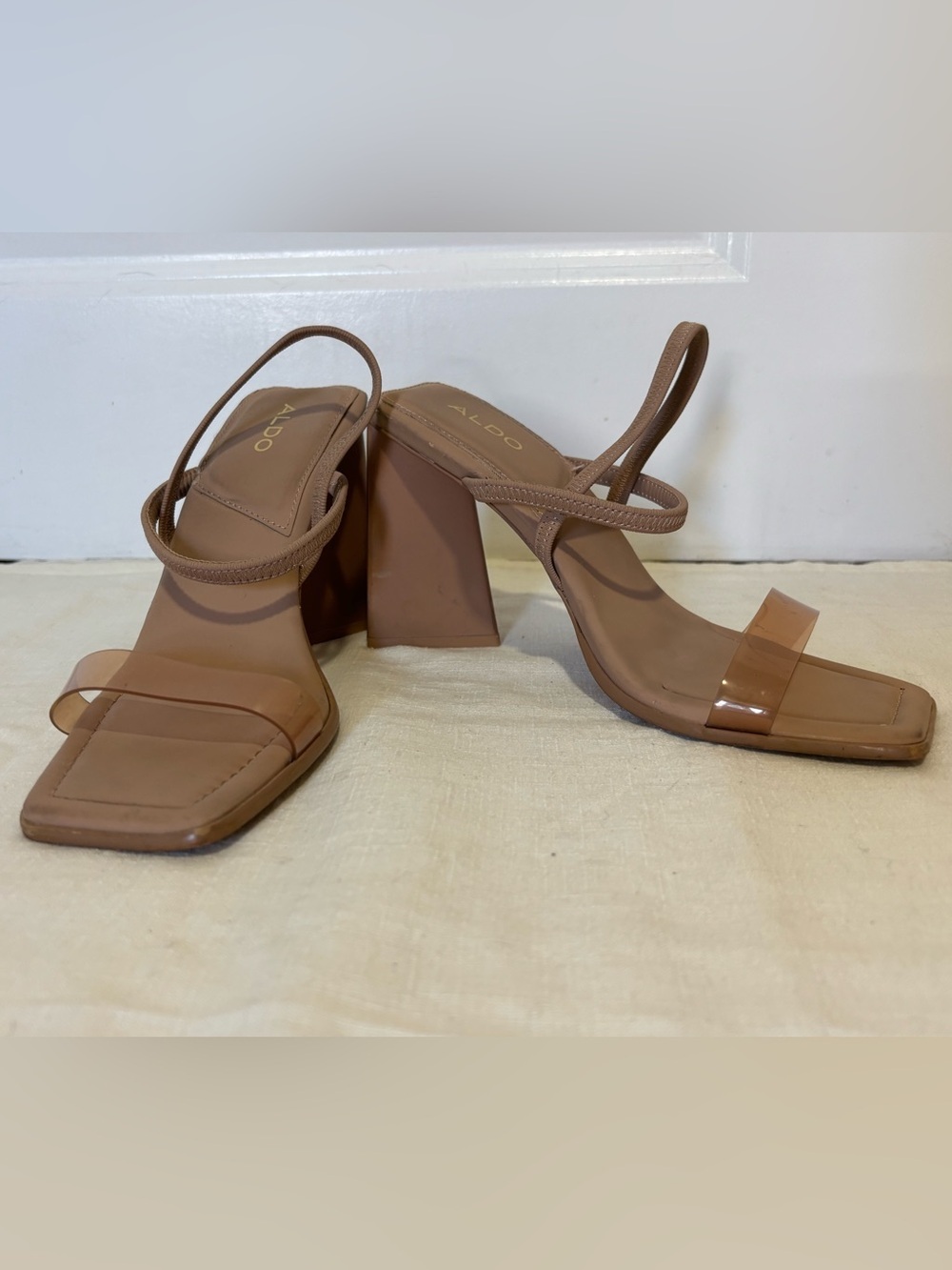 ALDO Chelsi Block Heel Sandals Nude Tan Clear Strap Slingback Size 7